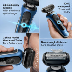 Braun Series 6 6177cc turbo mode visual showcasing fast shaving action.