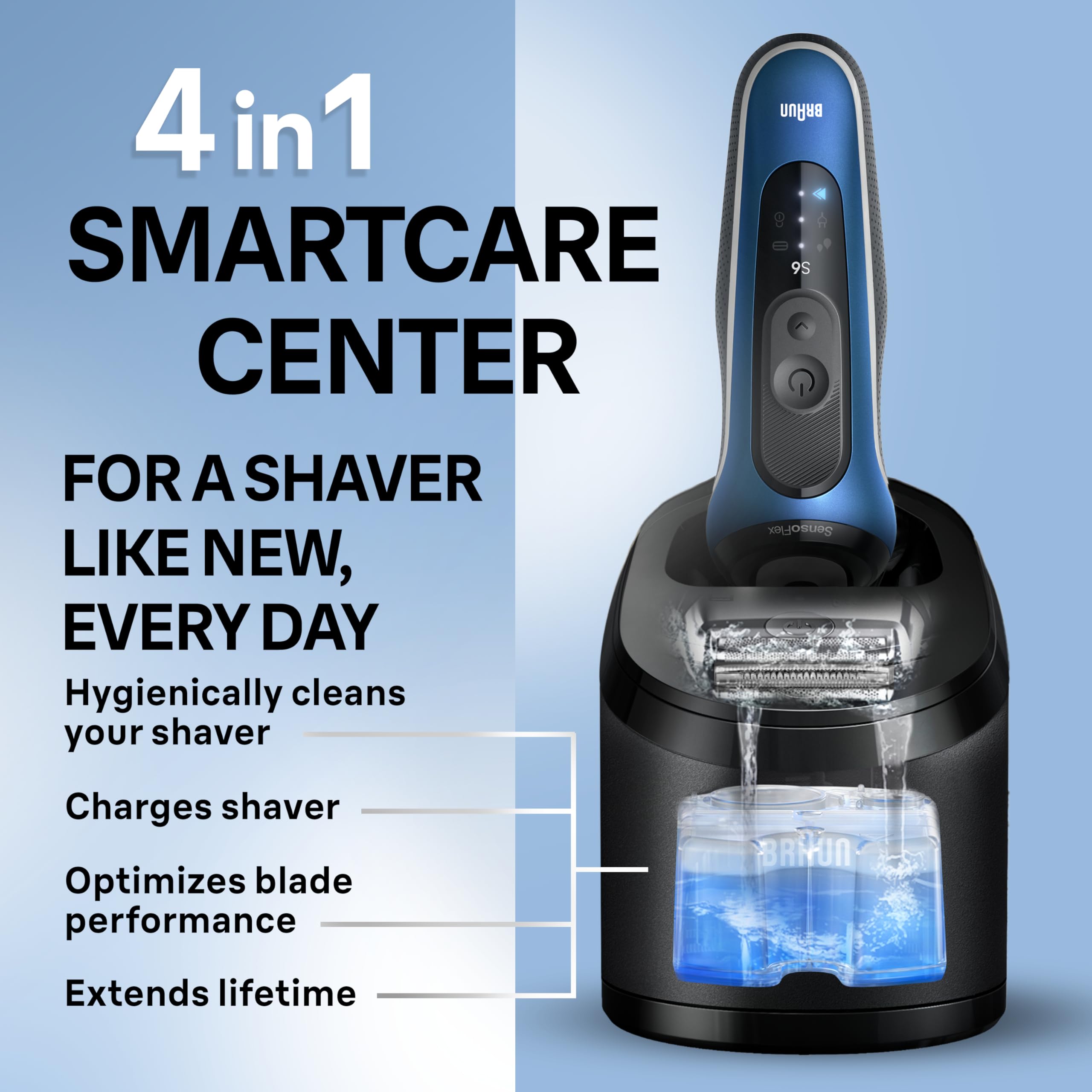 Braun Series 6 6177cc Waterproof design shown in wet and dry use.