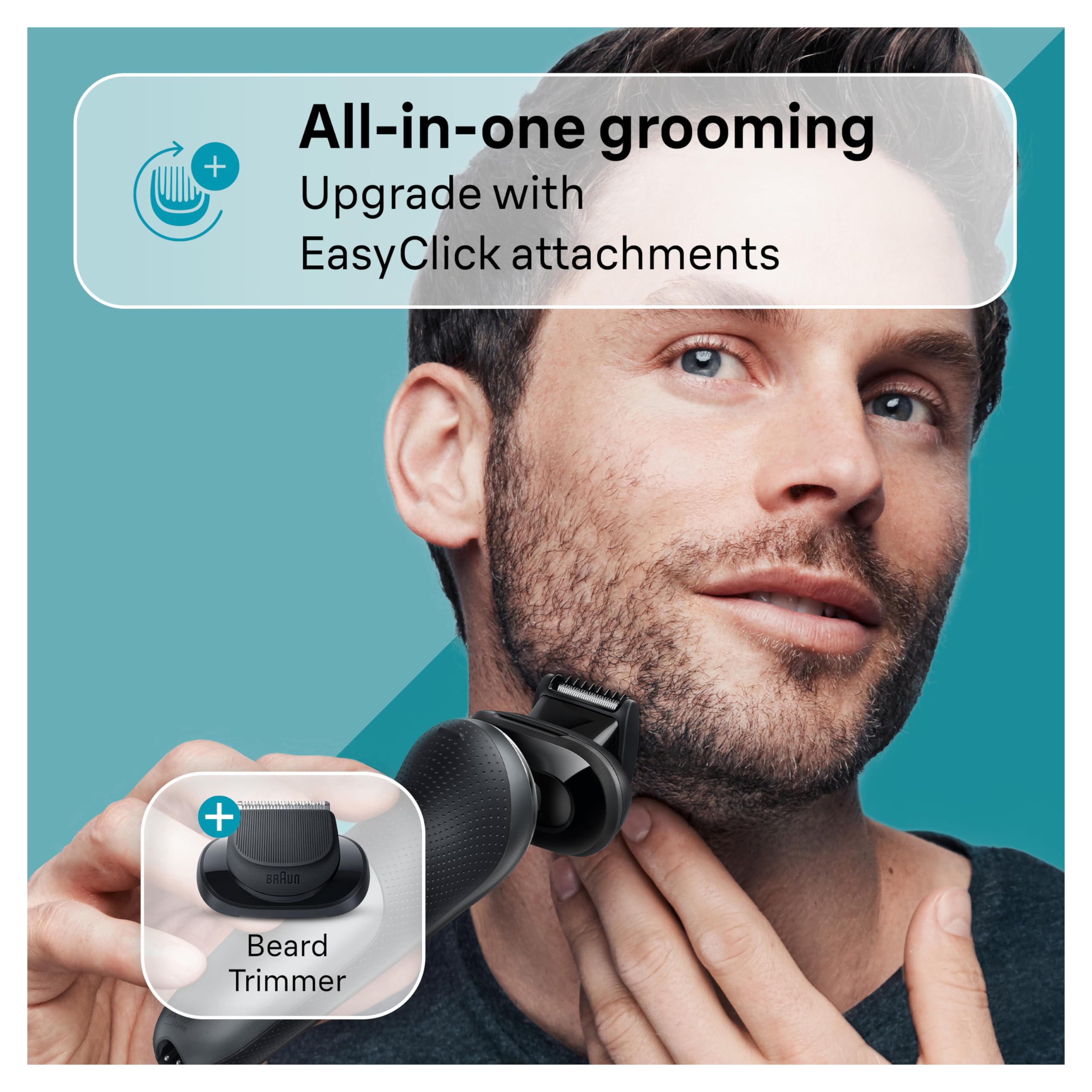 Beard trimming attachments help shape facial hair for detail work.