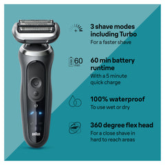 Turbo mode speeds up shaving on denser areas for efficiency.