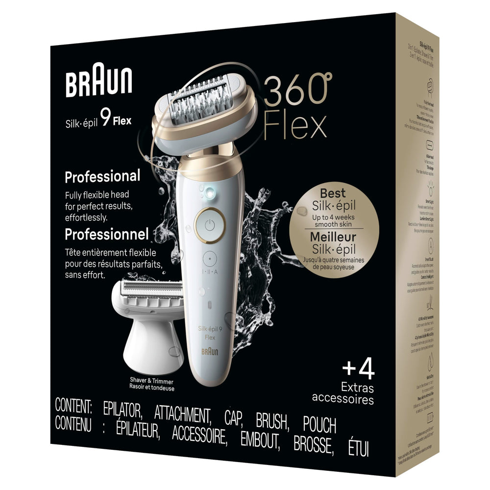 Braun Silk-épil 9 Flex accessories and pouch included for storage.