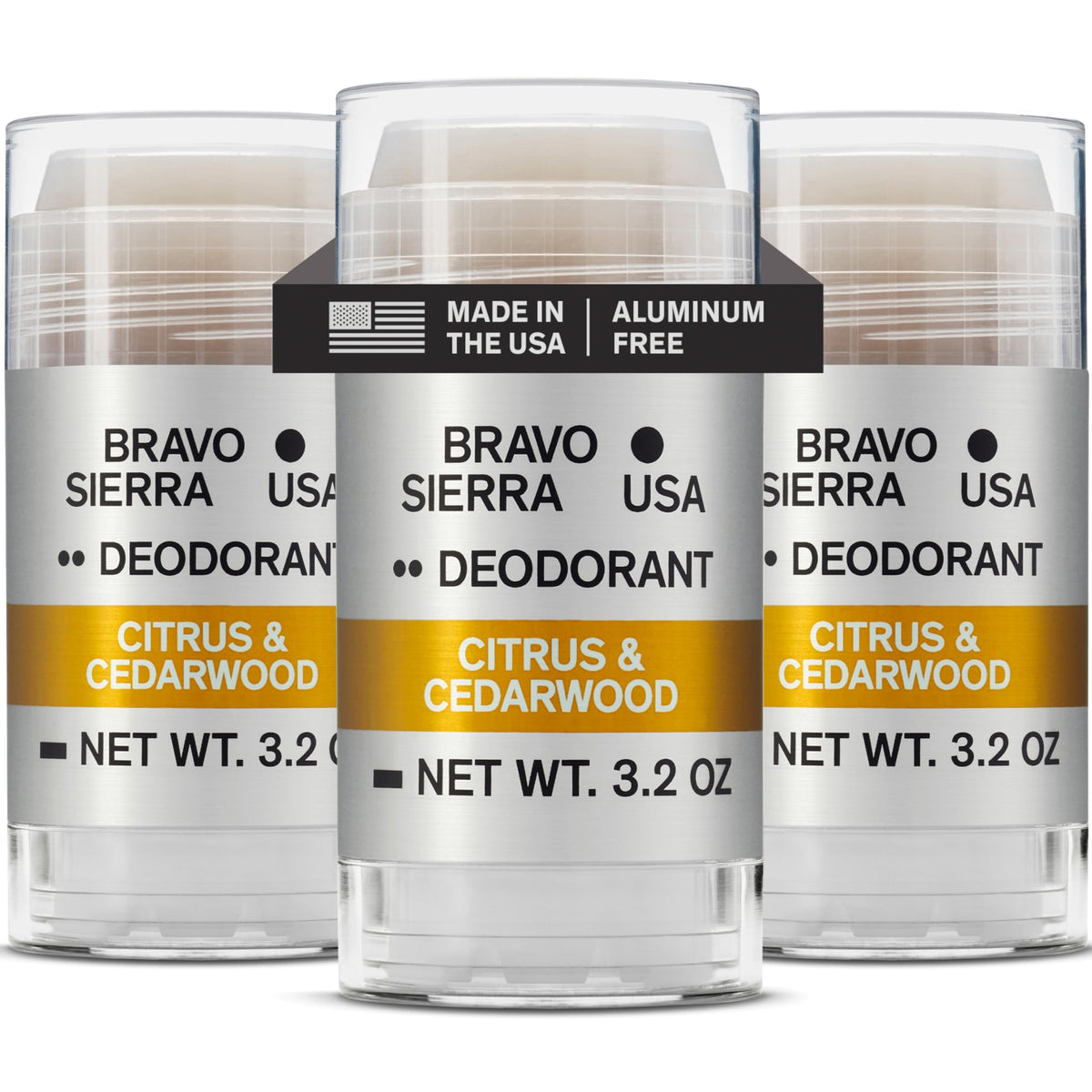 Bravo Sierra aluminum-free deodorant bottle with citrus-cedarwood scent for long-lasting freshness.