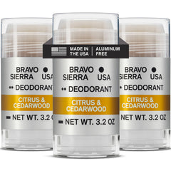 Bravo Sierra aluminum-free deodorant bottle with citrus-cedarwood scent for long-lasting freshness.