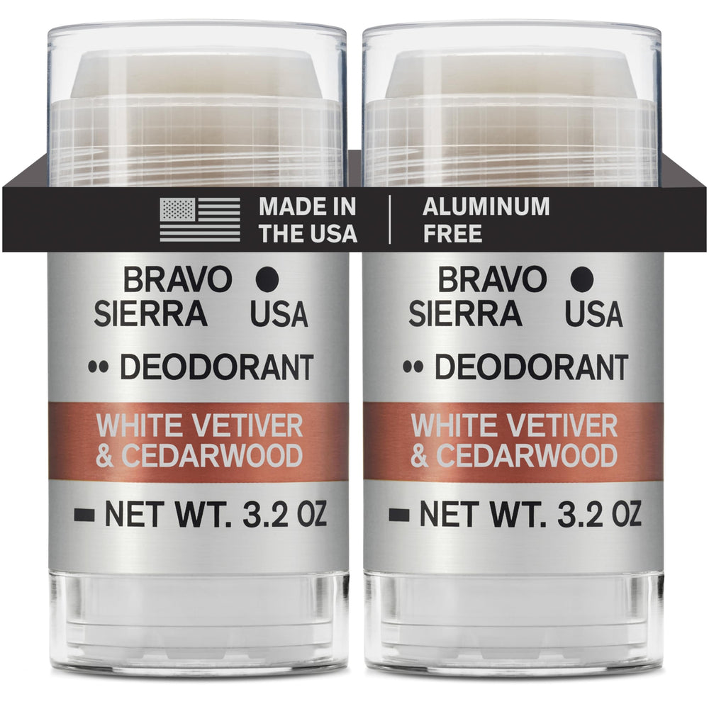 Bravo Sierra aluminum-free deodorant bottle with white vetiver and cedarwood for long-lasting odor protection.