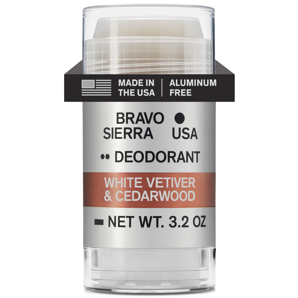 Desodorante Bravo Sierra sin aluminio con vetiver blanco y cedro para uso diario.