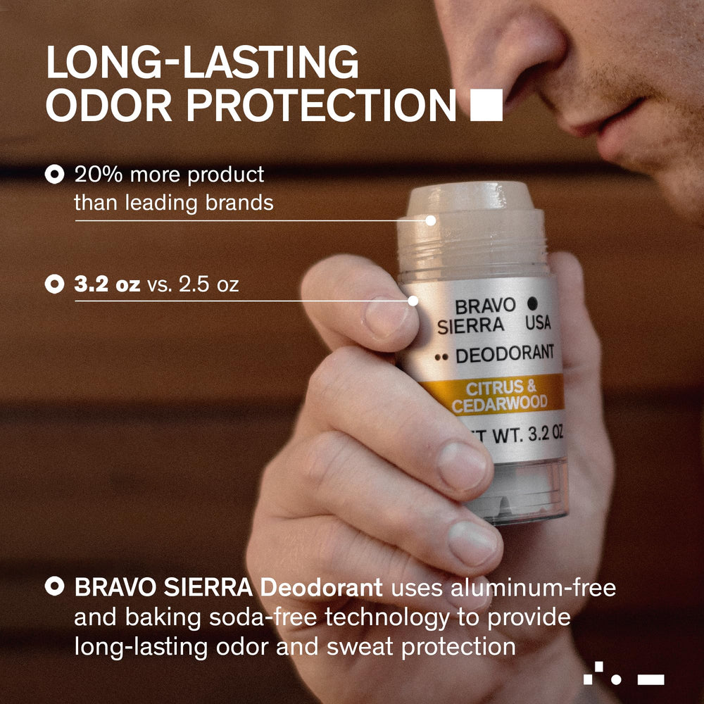 Bravo Sierra aluminum-free deodorant with Citrus Cedarwood for enduring odor protection.
