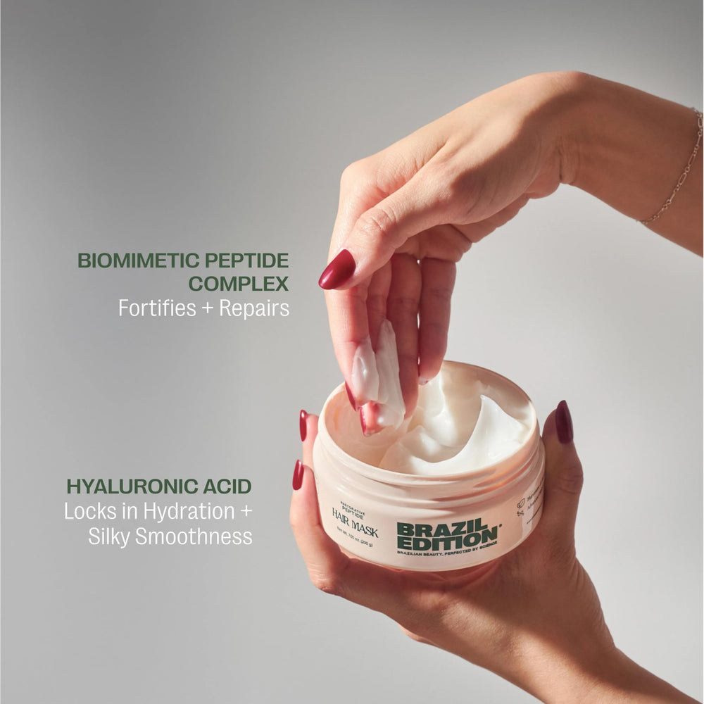 BRAZIL EDITION Restorative Peptide Hair Mask butter-rich formula nourishes frizz control.