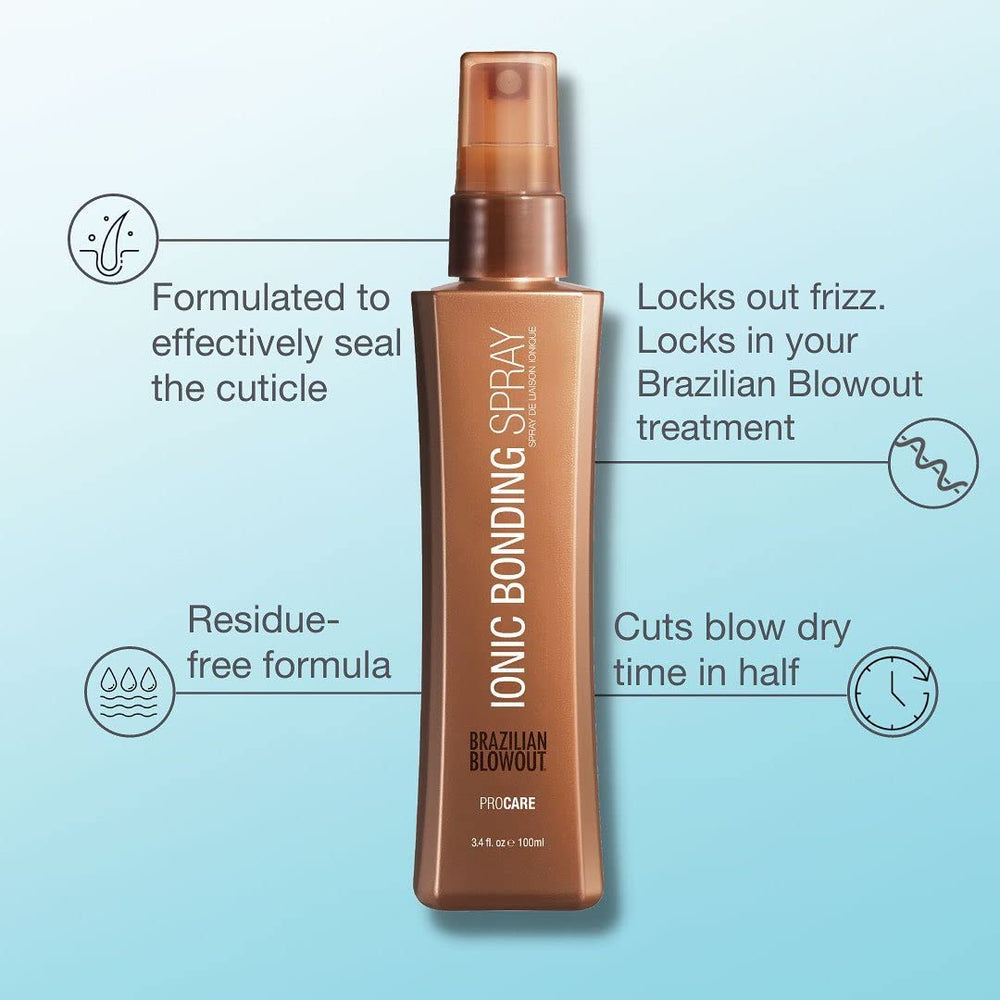 Brazilian Blowout Ionic Bonding Spray close-up label showing color-safe formula