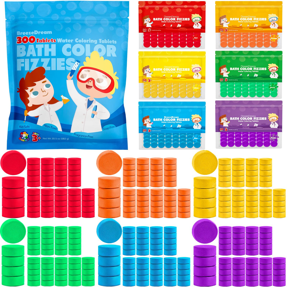 BreezeDream tabletas color baño, 6 colores brillantes que inspiran creatividad durante el baño.