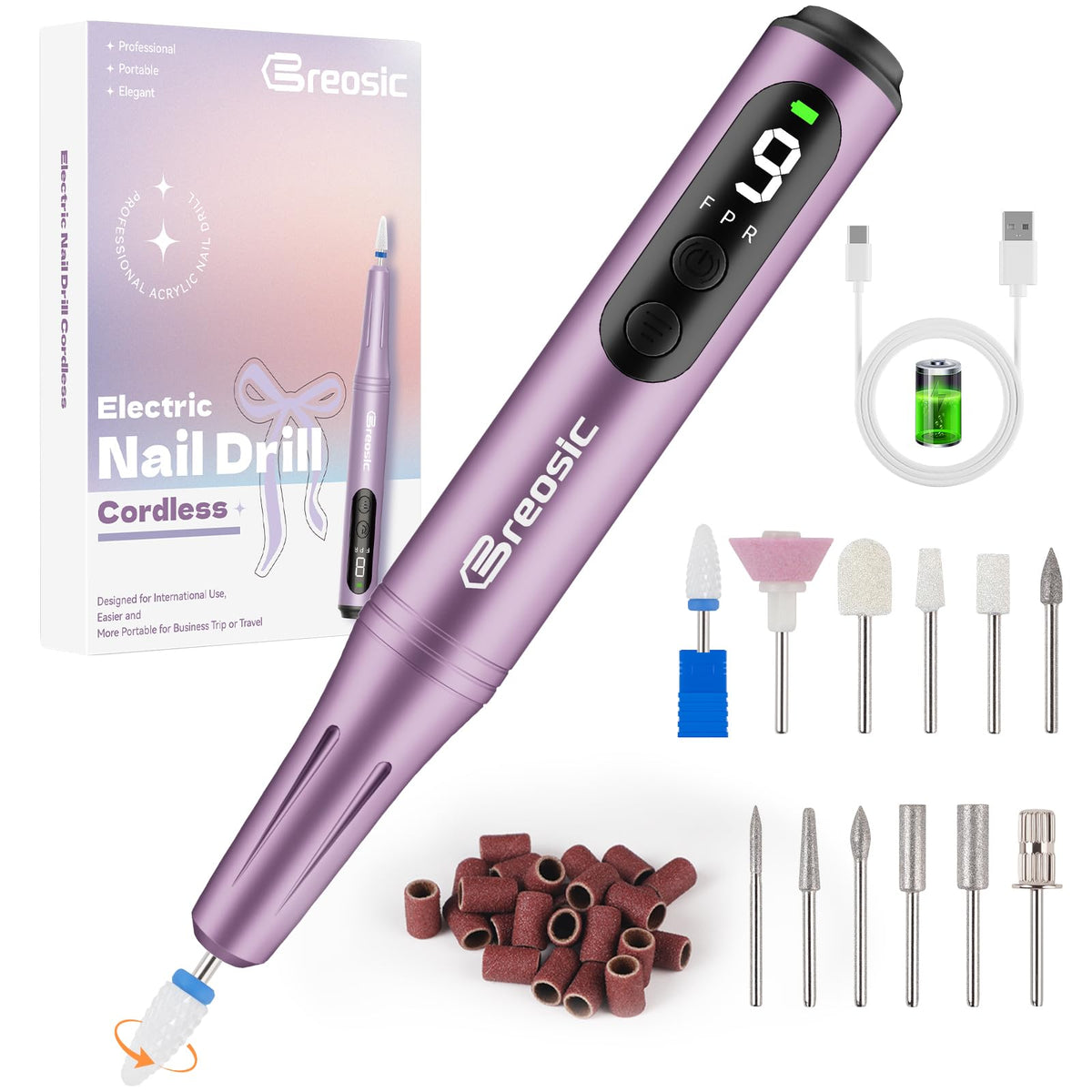 Breosic electric nail drill 35000rpm for fast, precise gel and acrylic nail filing.