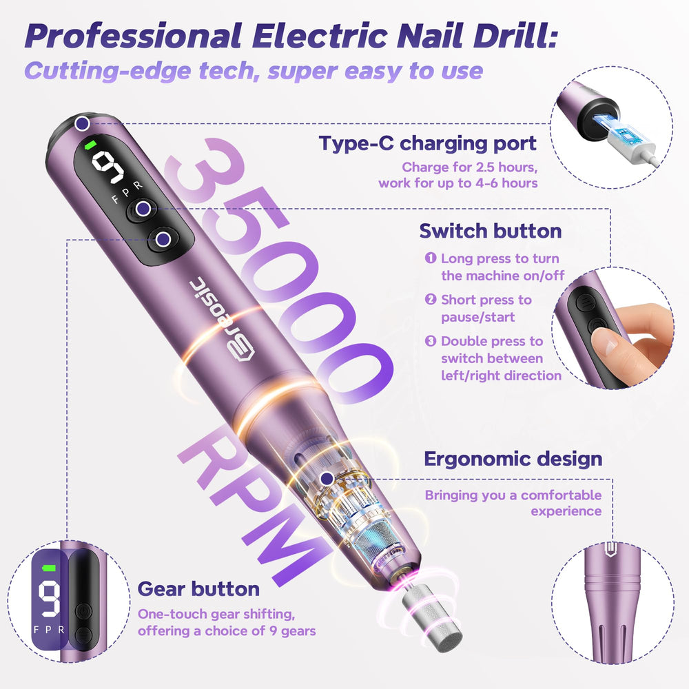 Breosic nail drill LED display shows speed and battery at a glance.