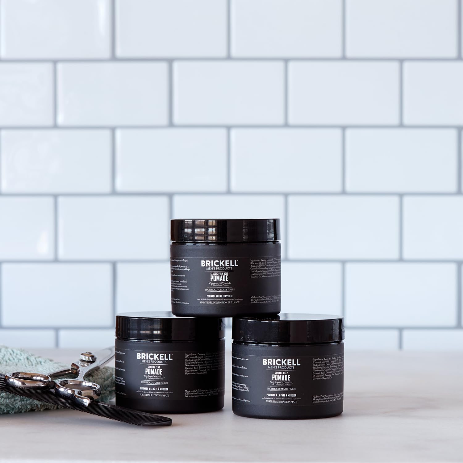 Hair with Brickell clay pomade displaying natural matte finish
