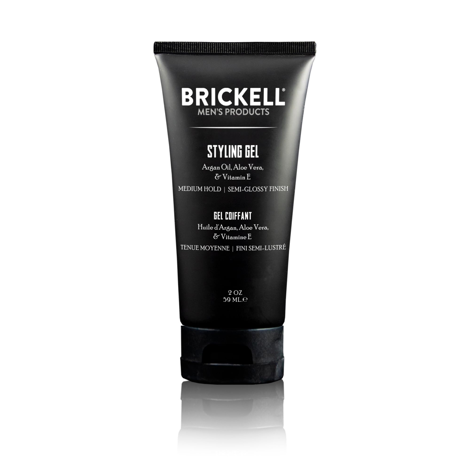 Gel de peinado Brickell en envase de 2oz para fijación media y acabado natural