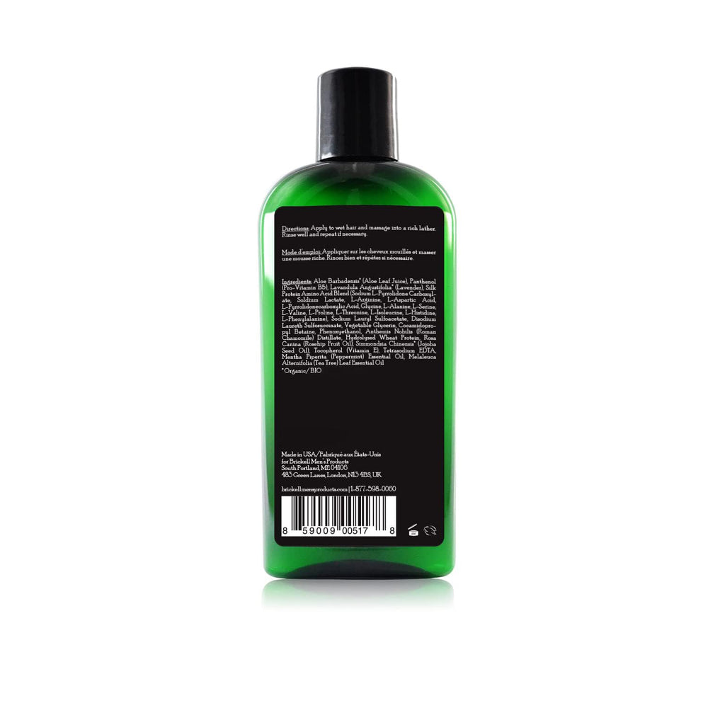 Brickell Champú diario para hombres, etiqueta visible, ingredientes naturales destacados