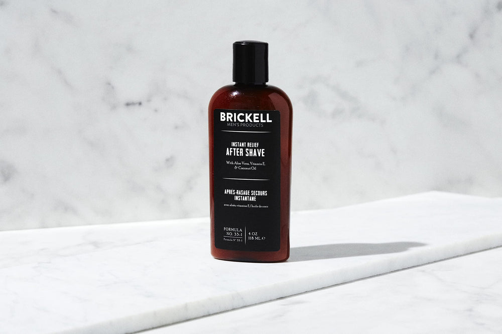 Brickell Instant Relief Aftershave label close-up emphasizes natural ingredients for sensitive skin