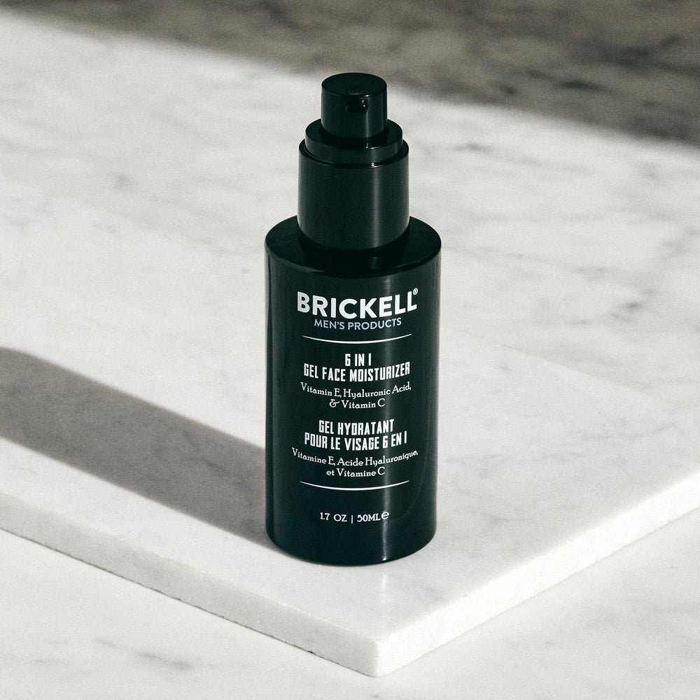 Brickell Men's 6-in-1 gel moisturizer ingredients label highlights key actives