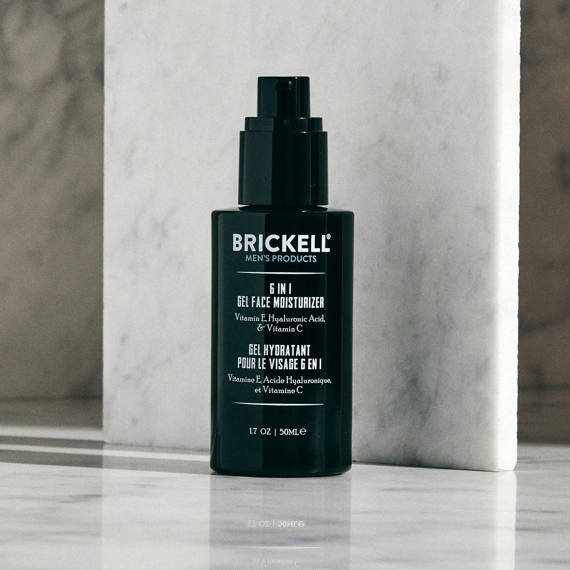 Brickell Men's 6-in-1 gel moisturizer close-up of jar showing unscented formula