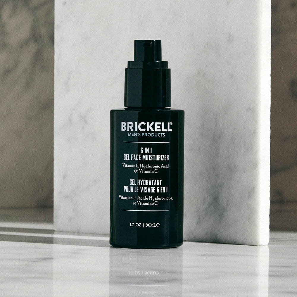 Brickell Men's 6-in-1 gel moisturizer close-up of jar showing unscented formula