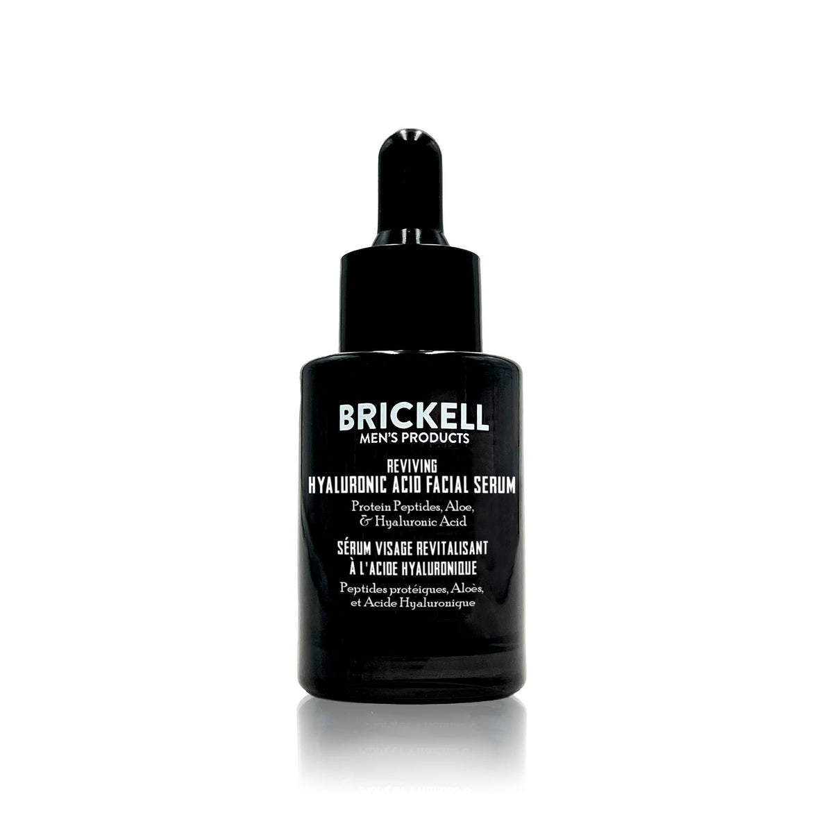 Brickell Men's Anti-Aging Hyaluronic Serum bottle pump for smoother, firmer skin.