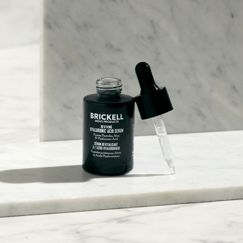 Brickell serum texture close-up highlights lightweight, quick-absorbing formula.