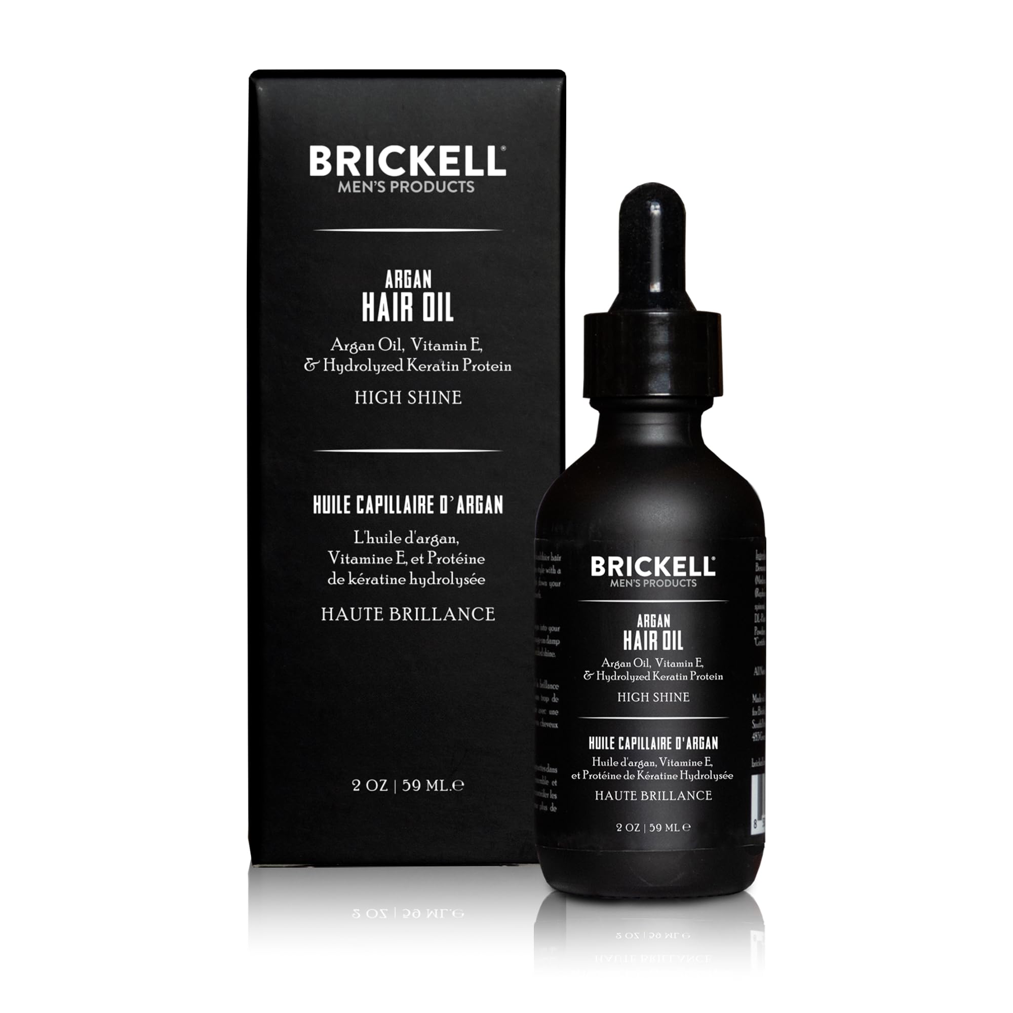 Brickell Men's Argan Oil golden liquid close-up highlighting natural shine.