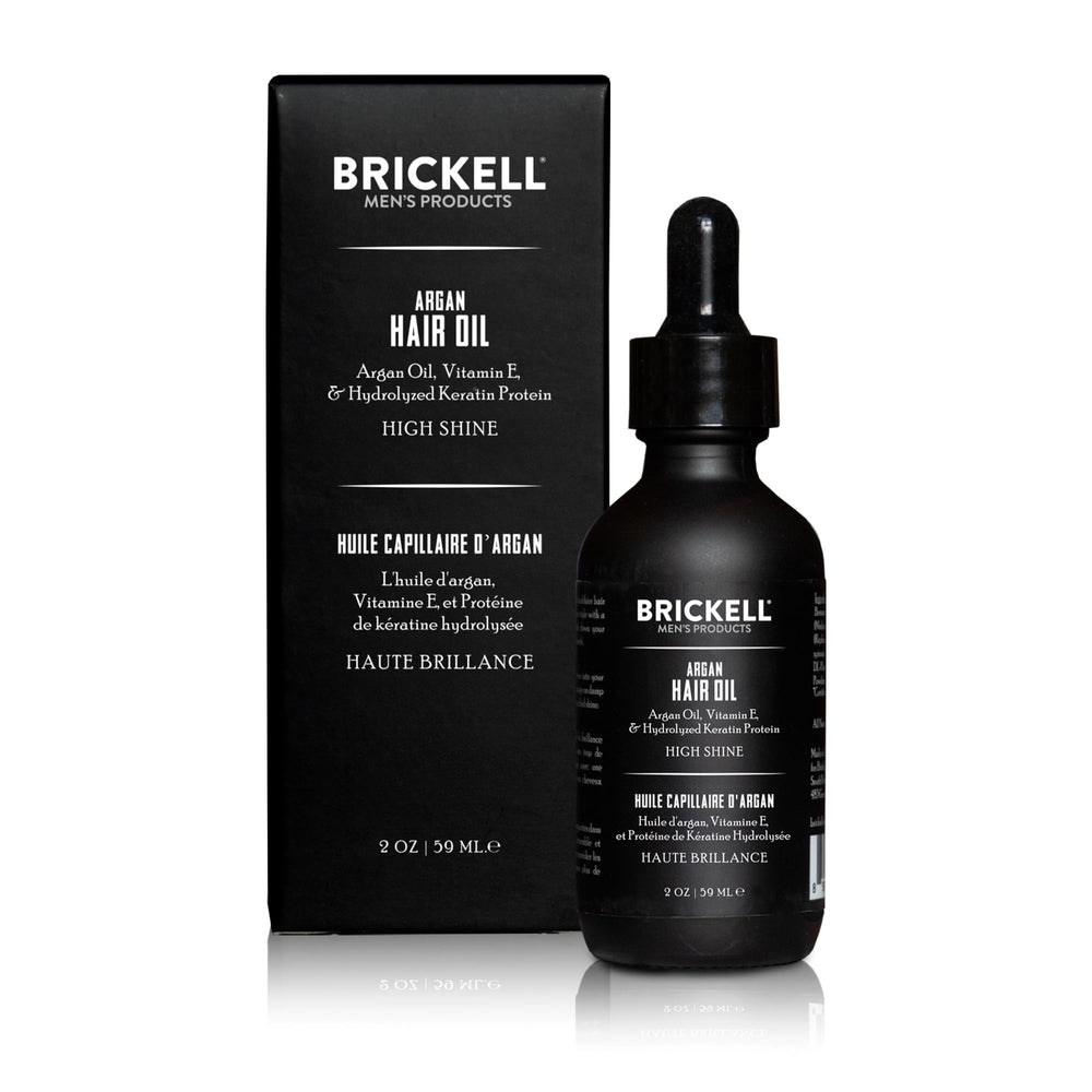 Brickell Men's Argan Oil golden liquid close-up highlighting natural shine.