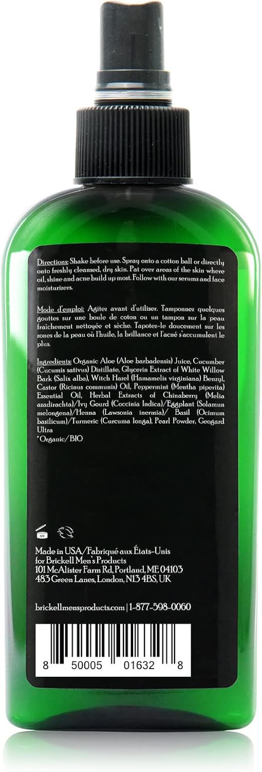 Brickell Men's Balancing Face Toner ingredients close-up including cucumber and witch hazel