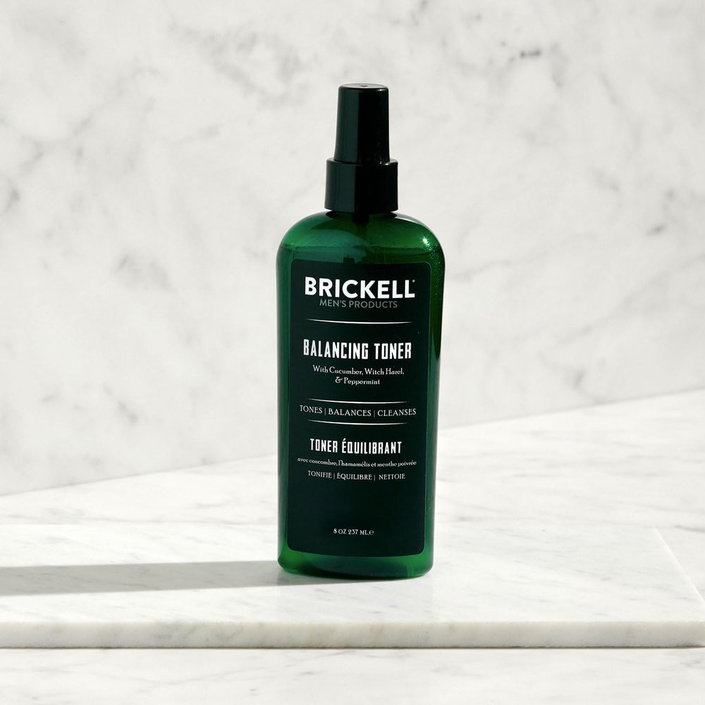Brickell Men's Balancing Face Toner packaging front showing natural ingredients
