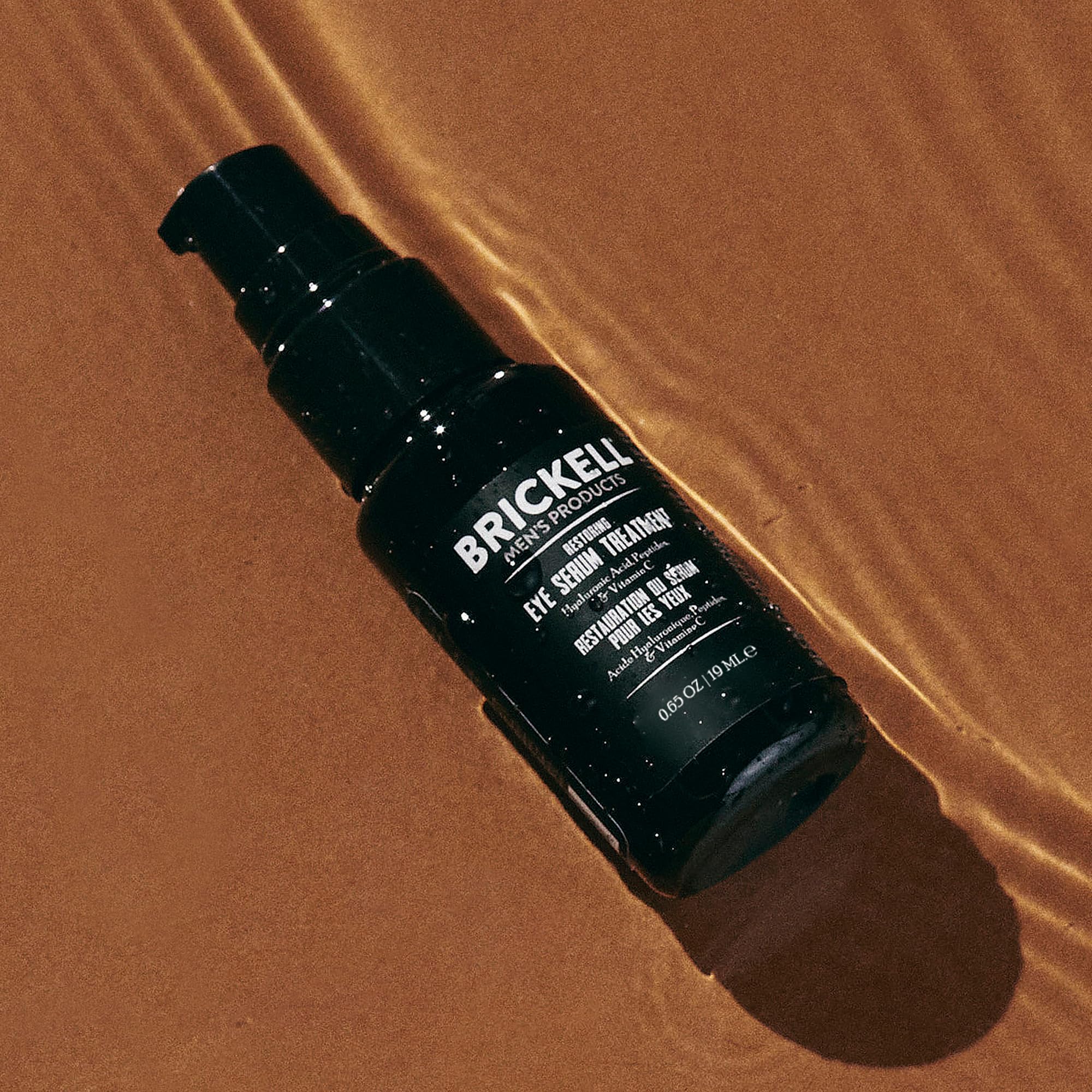 Brickell Men's Dark Circle Under Eye Serum dispensing pump enables quick, clean application.