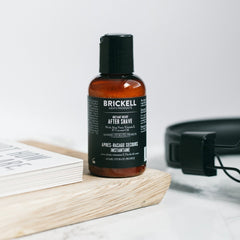 Brickell Men's Instant Relief Aftershave with aloe vera and lavender visual emphasizing calming post-shave care.