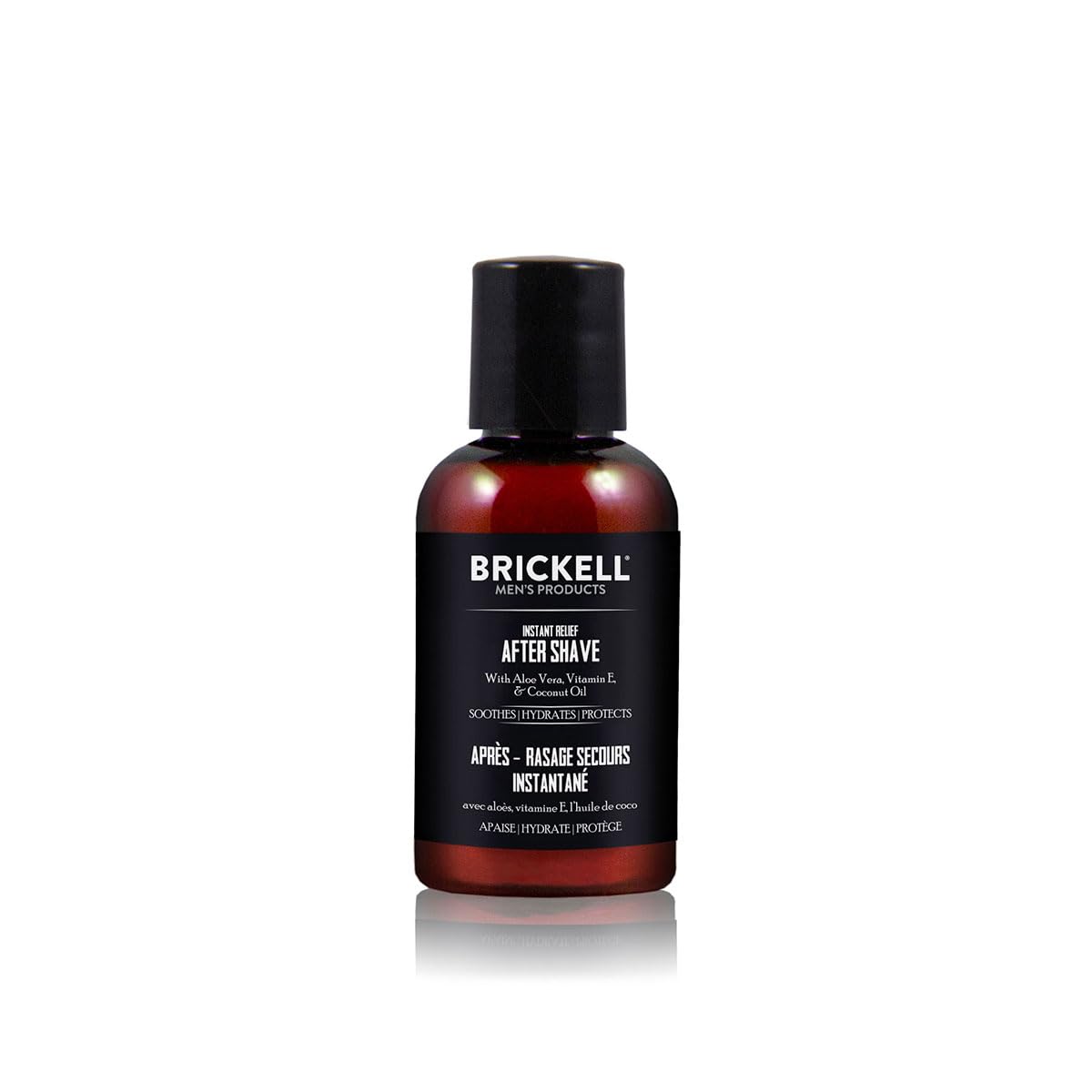 Brickell Men's Instant Relief Aftershave bottle close-up highlighting soothing ingredients for post-shave skin.