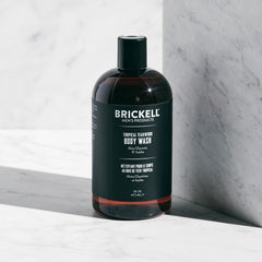 Brickell Men's Invigorating Body Wash lather showing rich bubbles for a deep-clean feel.