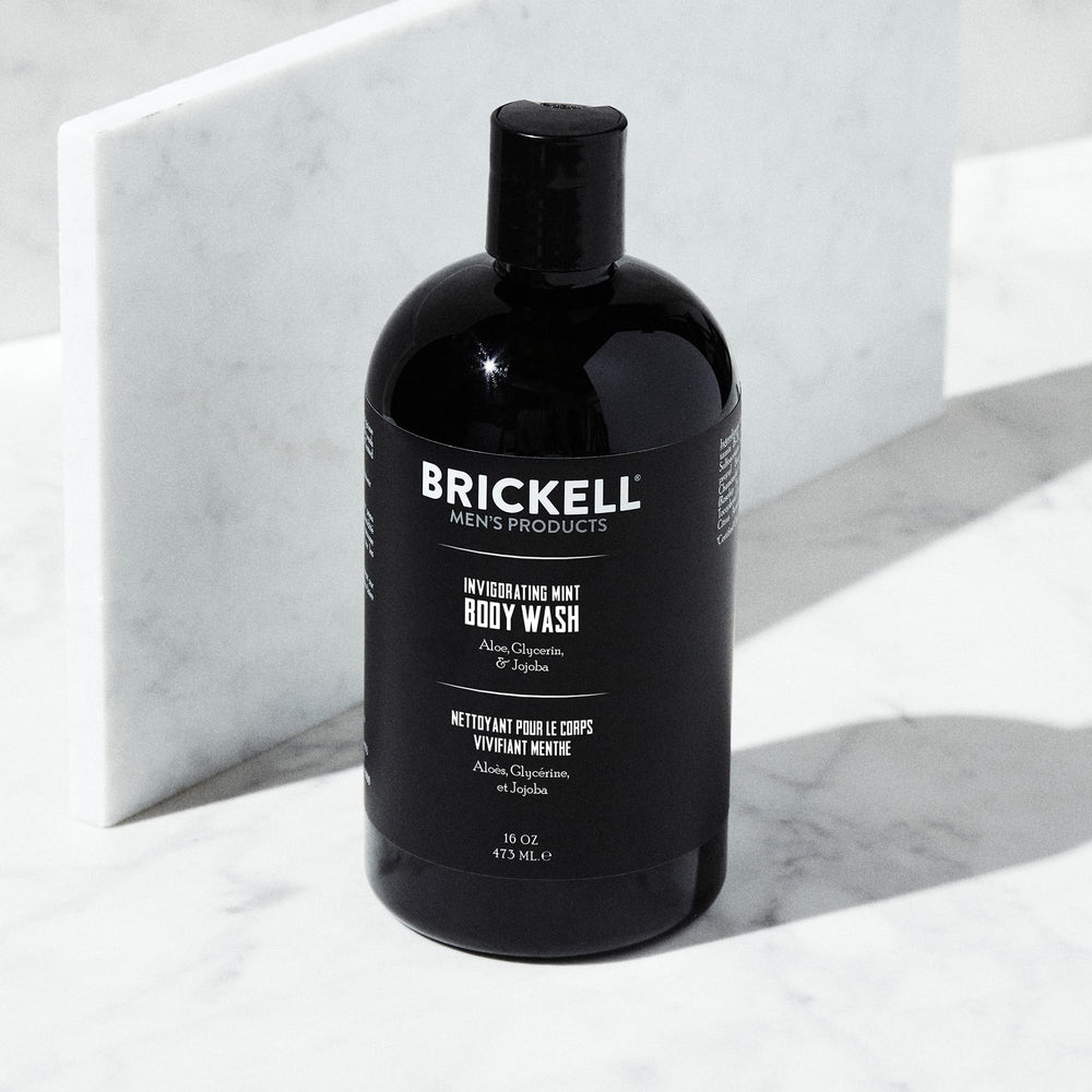 Brickell Men's Invigorating Mint Body Wash lather cleanses away oil while refreshing skin.