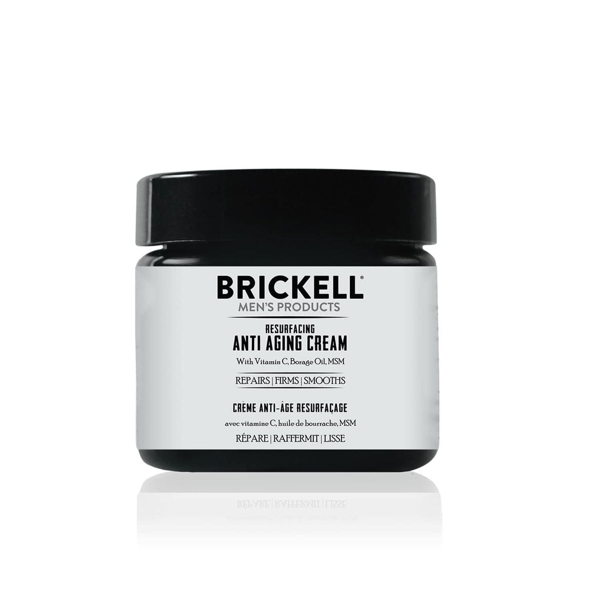 Brickell Men’s Resurfacing Cream jar — smooths and hydrates skin for a healthy glow.