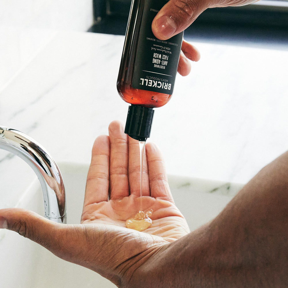 Brickell Men's Redefining Face Wash pump dispenser for mess-free use