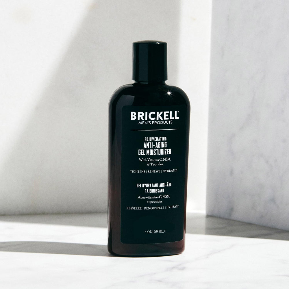 Brickell Men's Rejuvenating Gel application on skin for quick absorption.