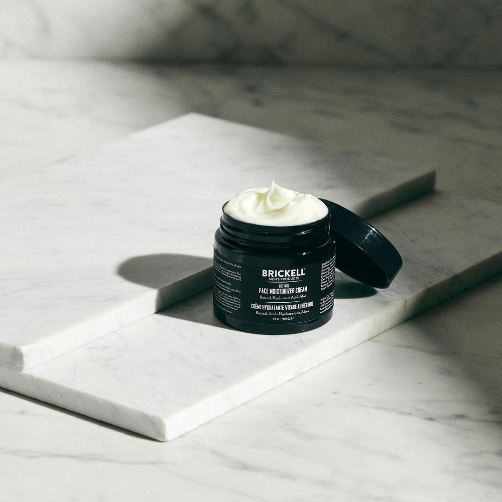 Brickell Men's Retinol Face Moisturizer closeup texture suggests a smooth, non-greasy finish.