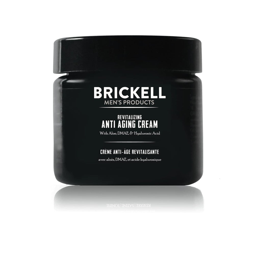 Brickell Men's Revitalizing Anti-Aging Cream jar reveals unscented night formula
