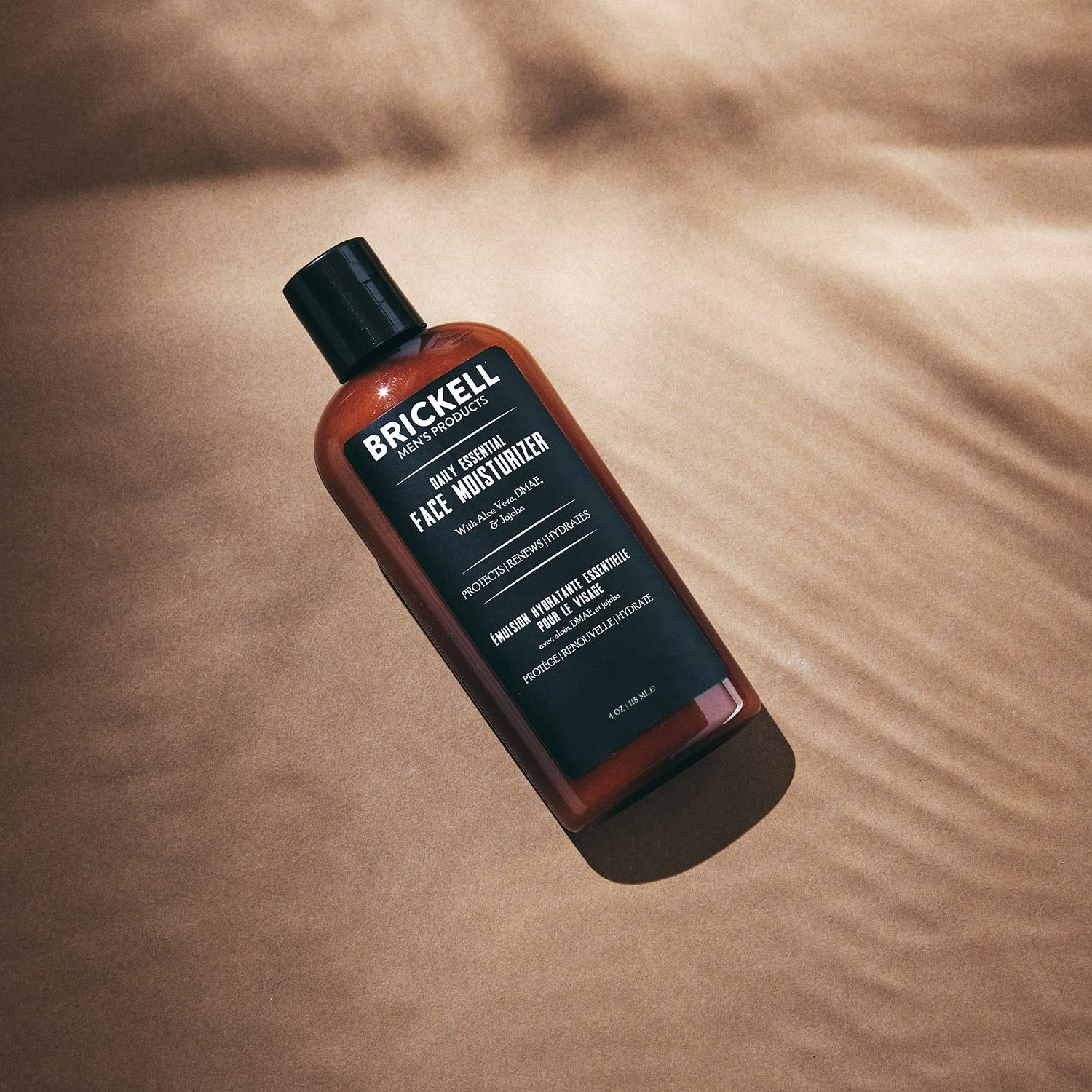 Front label of Brickell Men’s skincare product on display