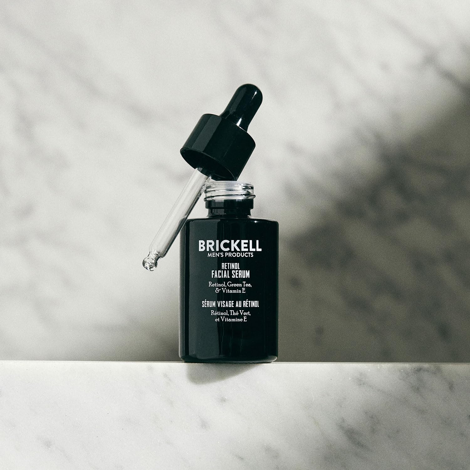 Brickell Retinol Serum texture close-up highlights lightweight hydration.