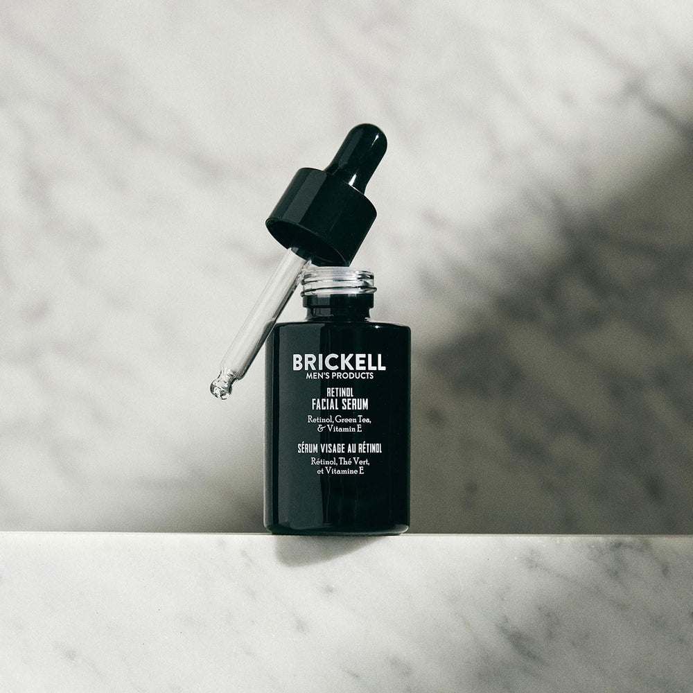 Brickell Retinol Serum texture close-up highlights lightweight hydration.