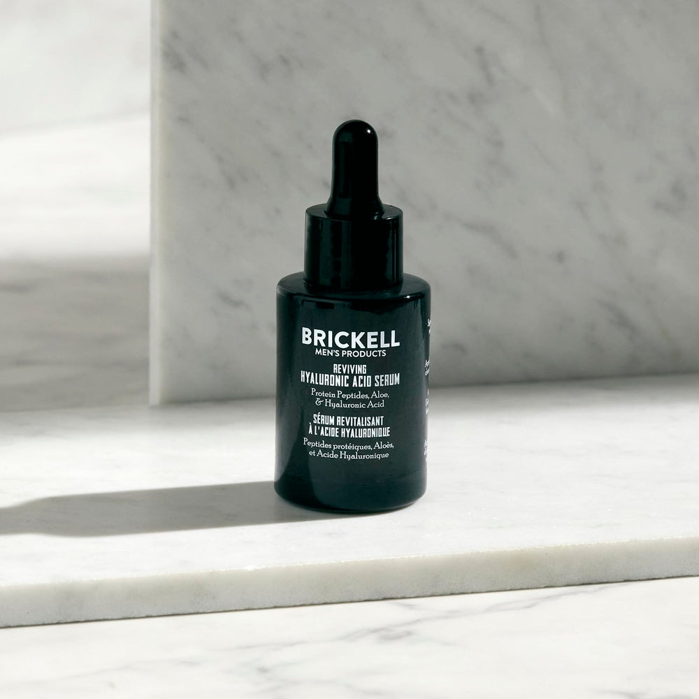 Brickell Serum ingredients peptides vial close-up emphasizing natural formula.