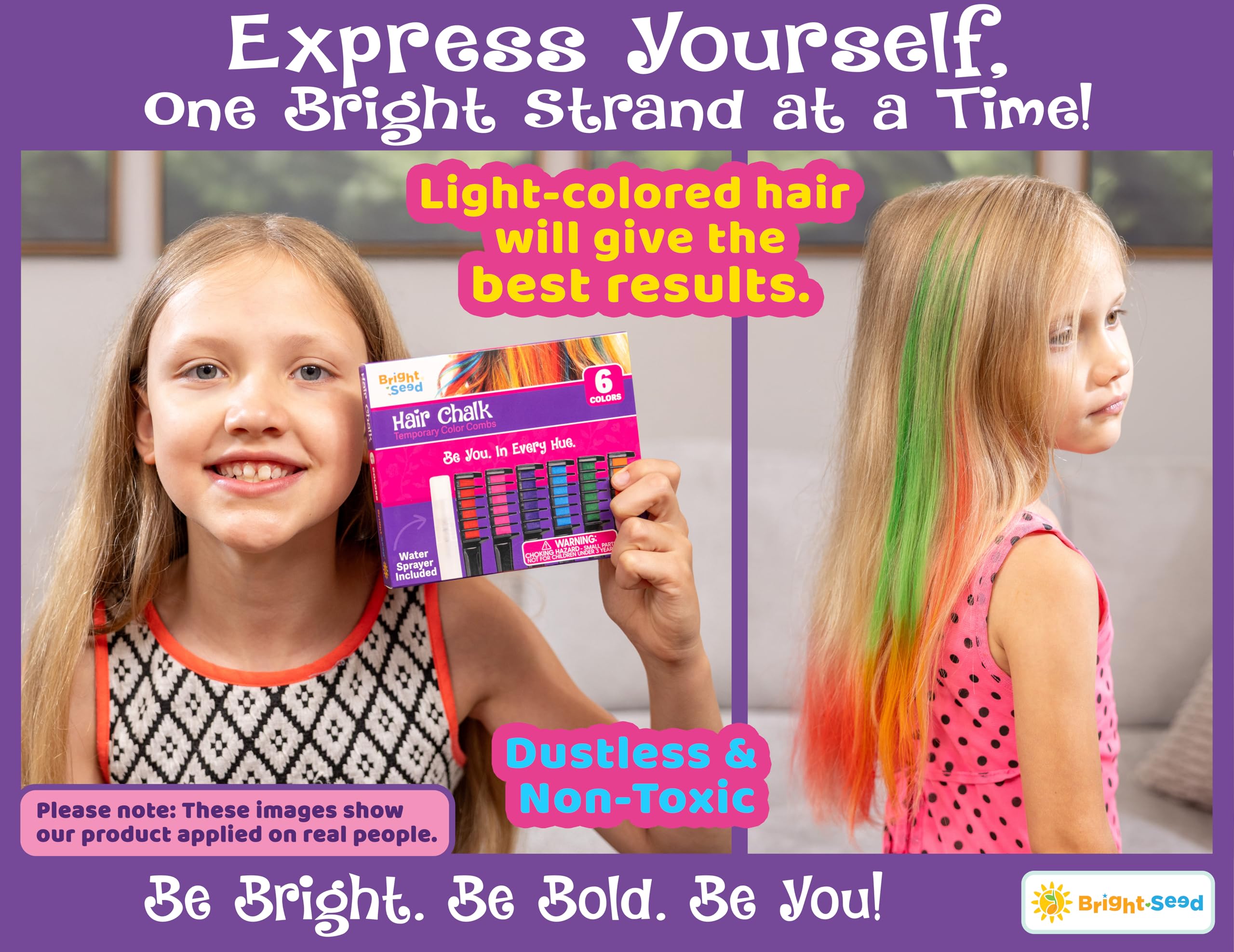 Bright Seed glitter purple hair chalk for creative looks, kid-safe formula.