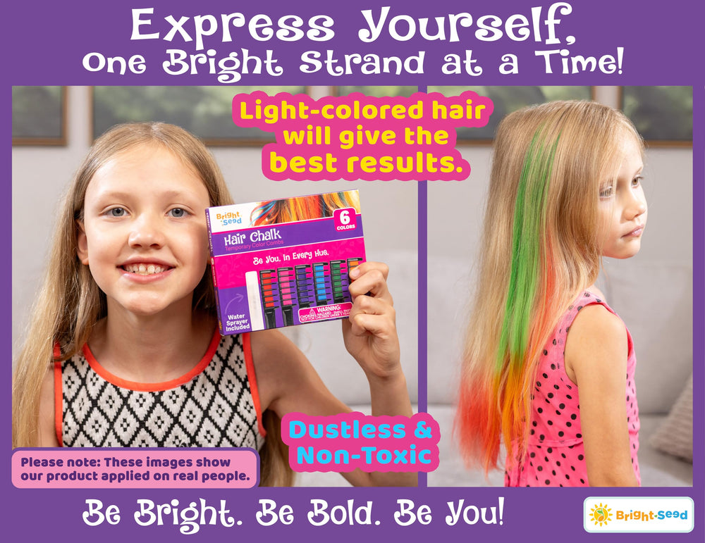 Bright Seed glitter purple hair chalk for creative looks, kid-safe formula.