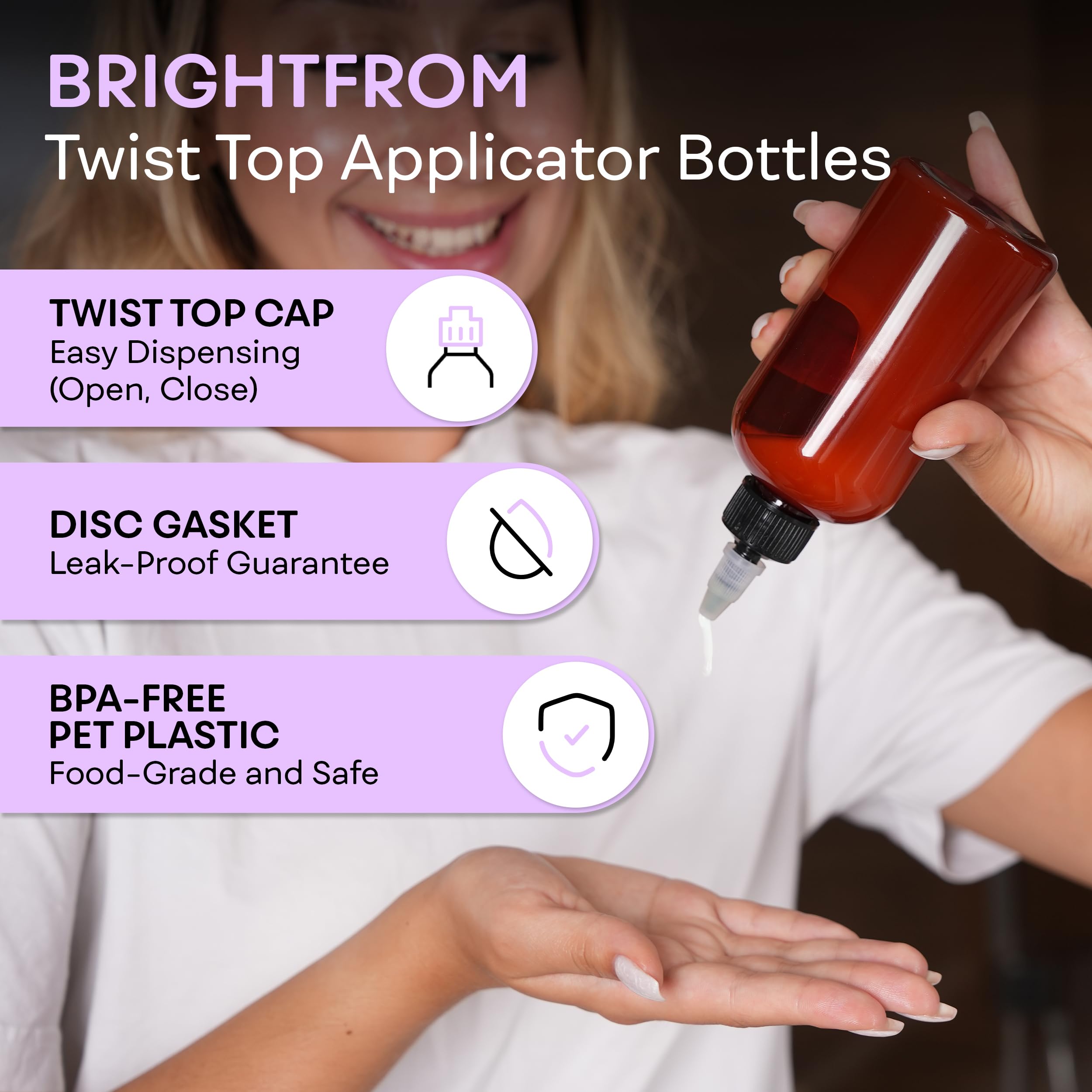 BRIGHTFROM amber PET bottle protects light-sensitive essential oils during storage.