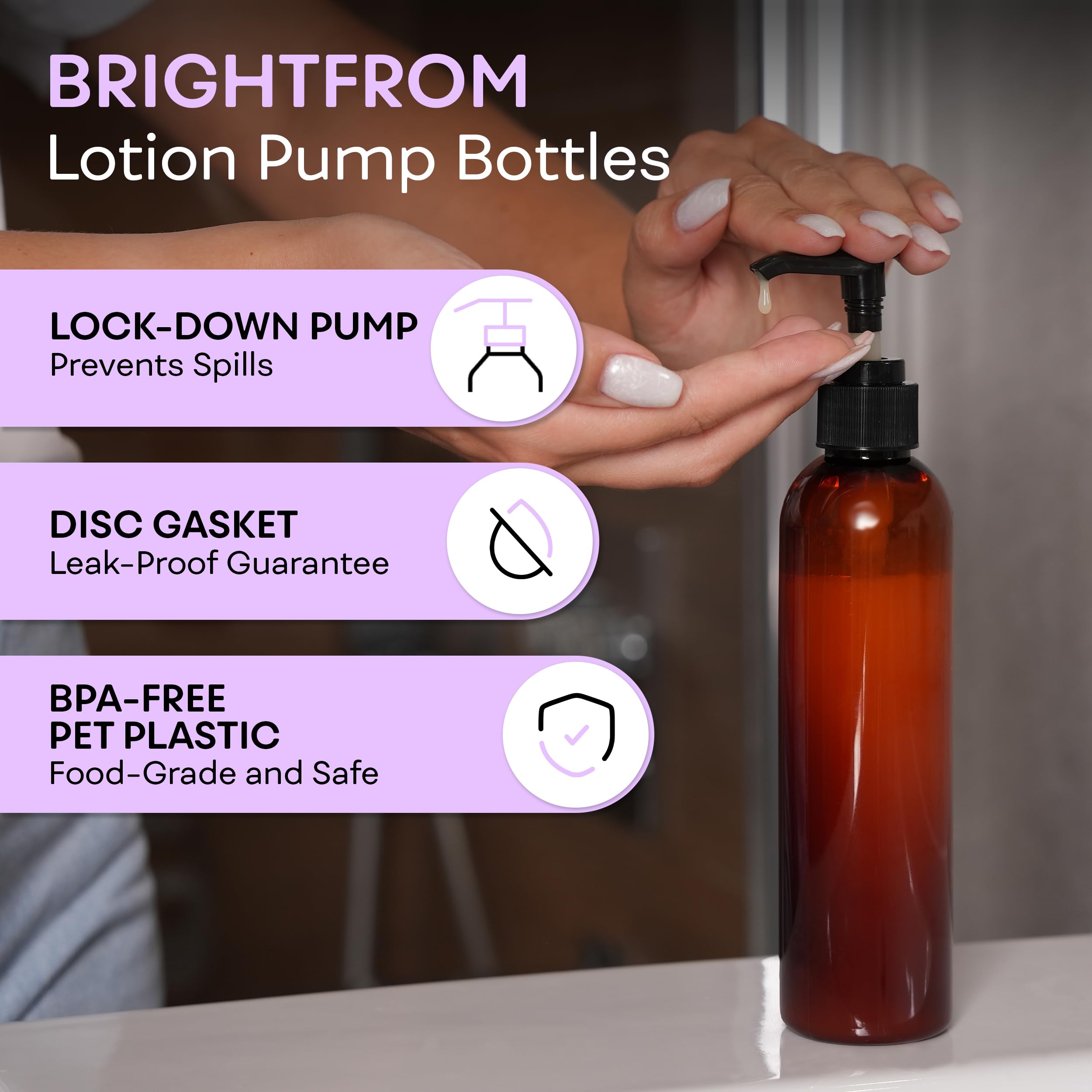 BRIGHTFROM amber PET bottle with black pump for easy dispensing