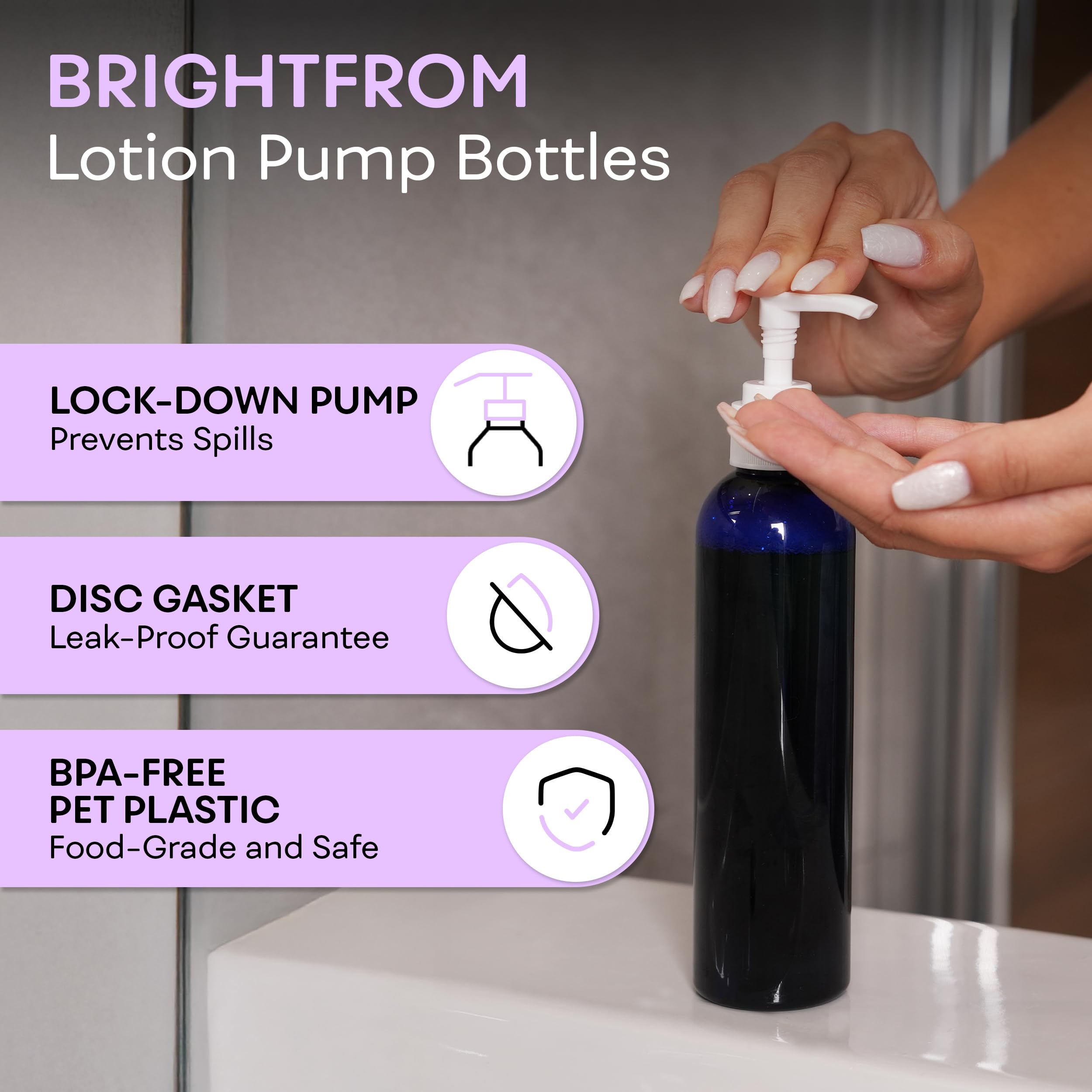 BrightFrom leak-proof cobalt blue pump bottle prevents spills