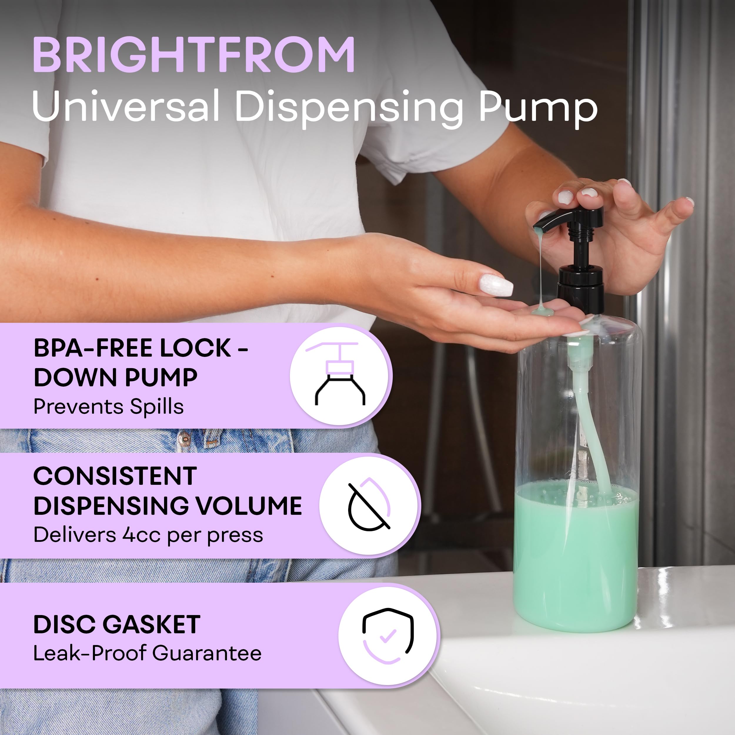 BRIGHTFROM pump fits 12–33.8 oz bottles with 28/410 neck for versatile use