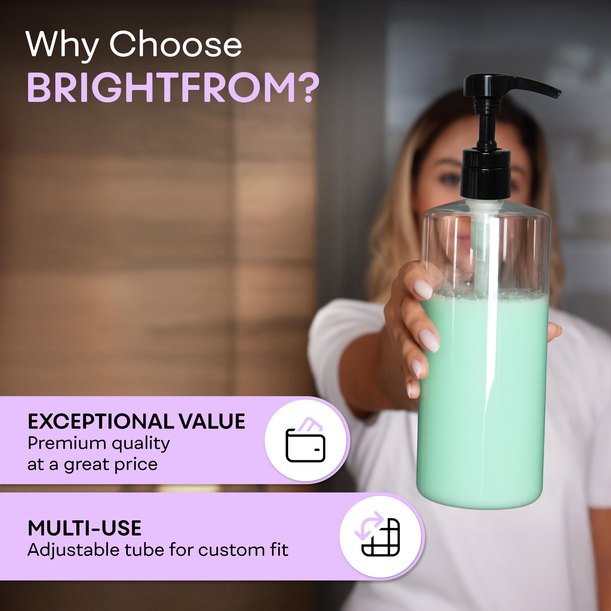 BRIGHTFROM pump demonstrated with a shampoo bottle for home care