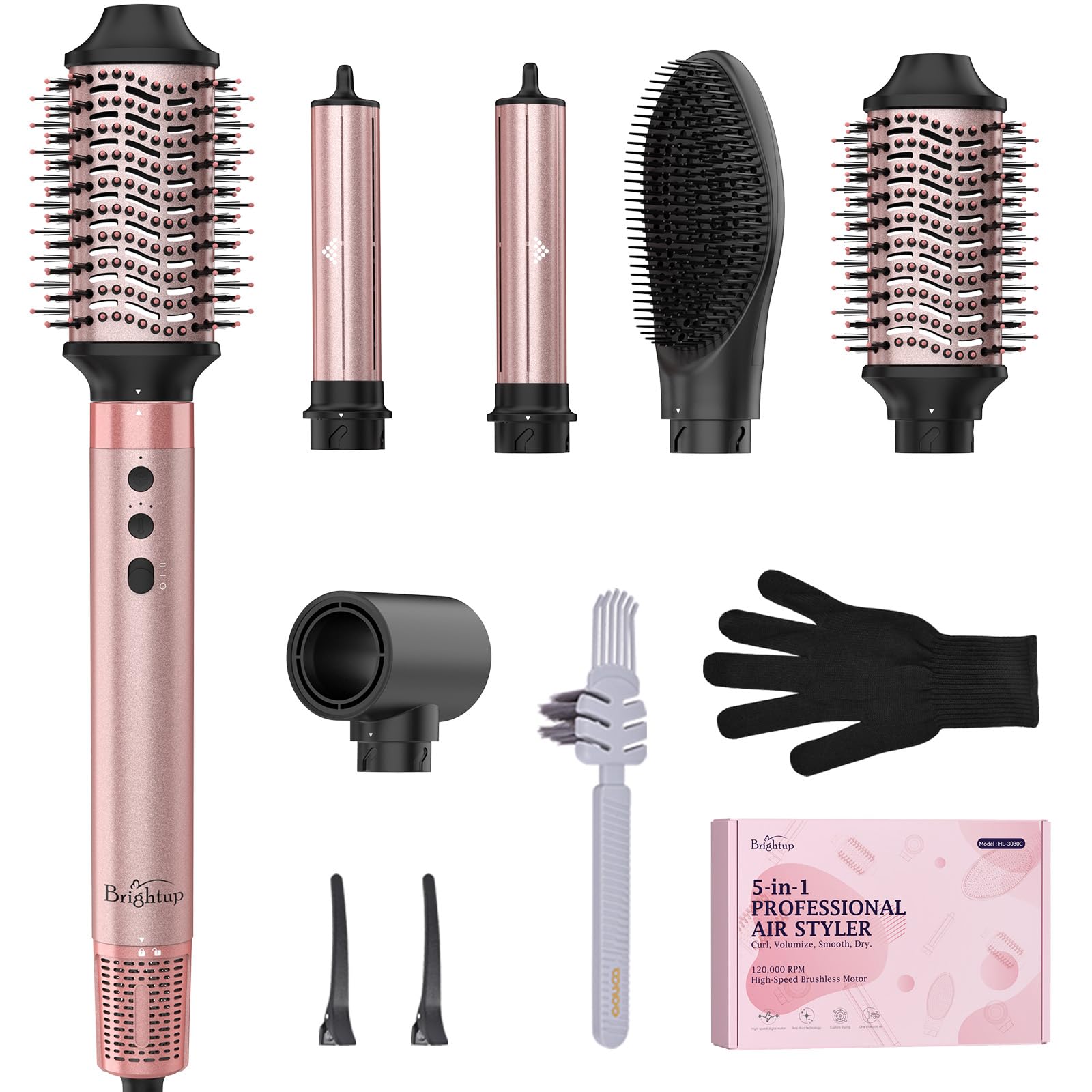 Brightup 5 in 1 Air Styler front view with versatile styling attachments